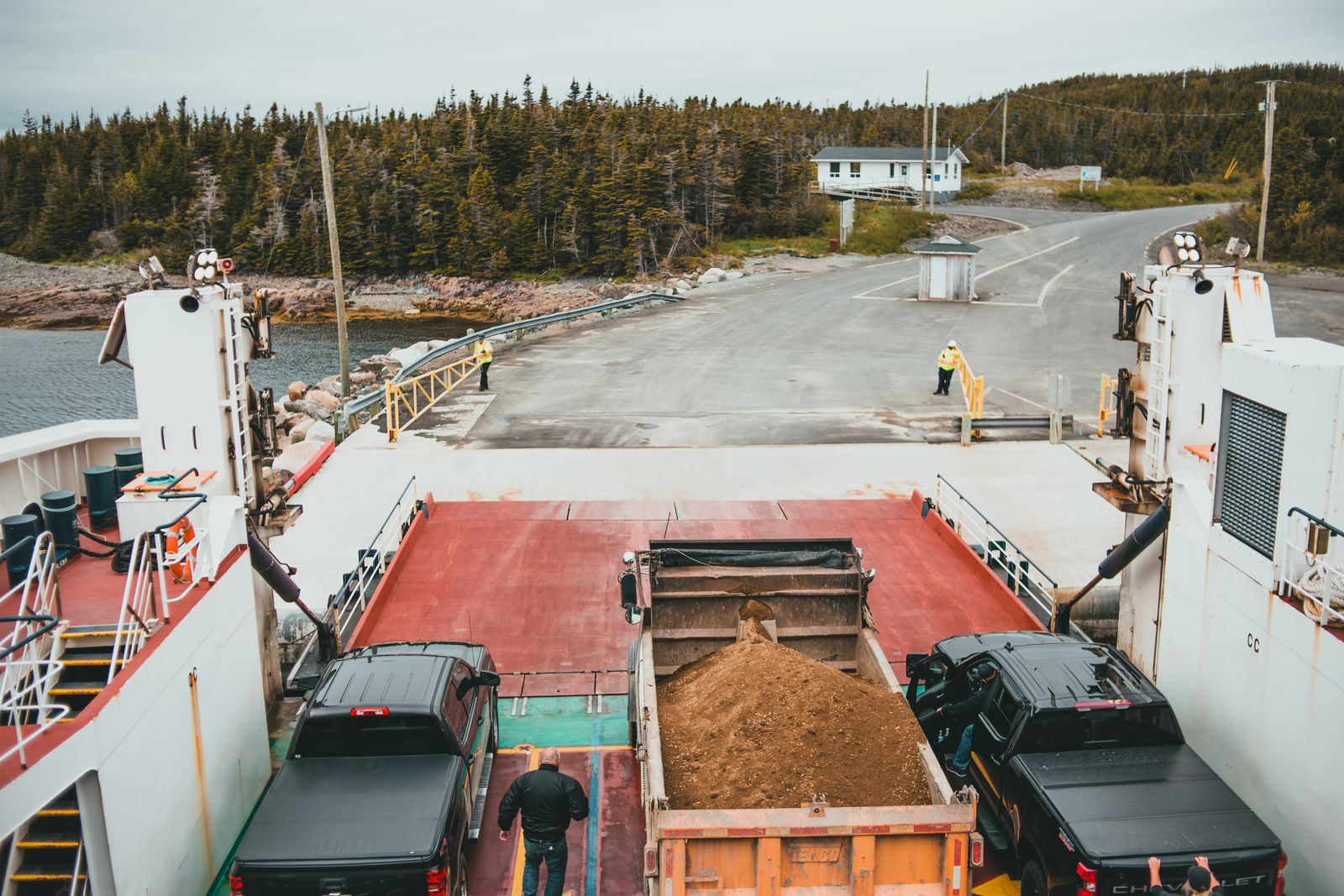 Cars parked on the vehicle deck of a roll-on roll-off ship